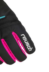 Sorte handsker med lyserøde accenter. Har en tekstureret overflade med et logo på håndleddet. Designet til vintersport eller koldt vejr.