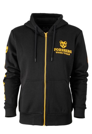 Sudadera negra con cremallera hecha de mezcla de algodón, con texto amarillo y logo de panda, bolsillos tipo canguro y puños y dobladillo acanalados.