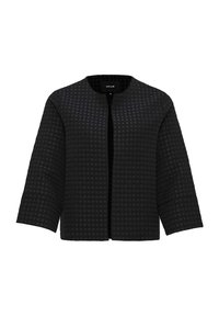 Veste noire texturée ouverte devant, manches trois-quarts et encolure ronde, avec un motif carré discret.