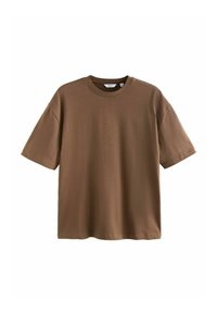 Bruin katoenen T-shirt met een ronde hals en korte mouwen. Het heeft een losse pasvorm en een gladde textuur met stikdetails.