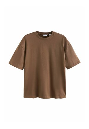 Tricou maro din bumbac cu guler rotund și mâneci scurte. Are o croială lejeră și o textură fină, cu detalii de cusături.