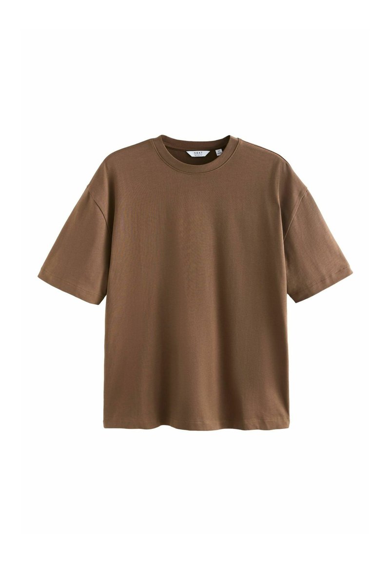 Bruin katoenen T-shirt met een ronde hals en korte mouwen. Het heeft een losse pasvorm en een gladde textuur met stikdetails.