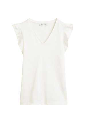 Weißes V-Ausschnitt-T-Shirt mit kurzen Rüschenärmeln, aus weichem Stoff gefertigt, mit glatter Textur und lässigem Design.