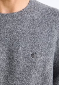 Maglione grigio a maglia con scollatura rotonda, texture morbida e logo in rilievo sul petto. Il materiale sembra caldo e accogliente.