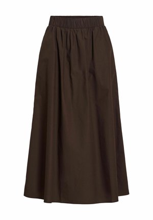 Ruda, kelių ilgio sijonas iš lengvos medžiagos su elastinga juosmens juosta ir rinkiniu dizainu, pasižymintis lygiu paviršiumi ir paprasta siluetu.