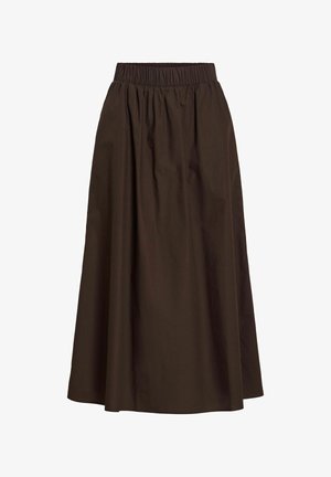 Ruda, kelių ilgio sijonas iš lengvos medžiagos su elastinga juosmens juosta ir rinkiniu dizainu, pasižymintis lygiu paviršiumi ir paprasta siluetu.