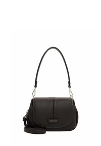 Sac à bandoulière en cuir marron texturé avec un rabat courbé, une sangle ajustable et des accessoires en argent. Présente un logo de la marque sur le devant.