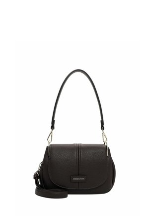 Brown textured leather crossbody bag with a curved flap, adjustable strap, and silver hardware. Features a branded logo on the front.