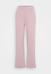 Zachte roze hoge taille broek met elastische tailleband, rechte pijpen, voornaad detail en zijzakken.
