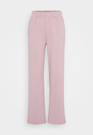 Zachte roze hoge taille broek met elastische tailleband, rechte pijpen, voornaad detail en zijzakken.