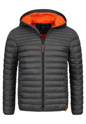 Padded gray jacket with an orange interior, zip closure, and ribbed cuffs. Includes a leather tag detail near the hem and a hood.