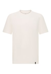Pánske tričko s krátkym rukávom v krémovo bielej farbe, okrúhly výstrih, bavlnený materiál, jednoduchý dizajn a malá čierna nášivka značky na spodnej strane.