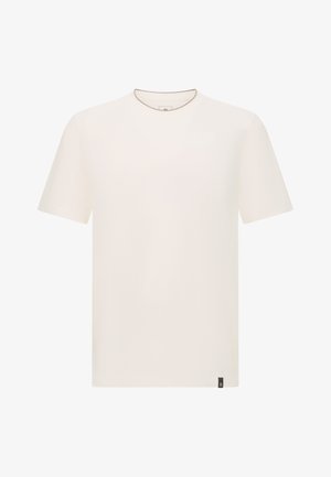 Herren T-Shirt mit kurzen Ärmeln in cremigem Weiß, Rundhals, aus Baumwollmaterial, schlichtes Design und einem kleinen schwarzen Markenschild an der Unterseite.