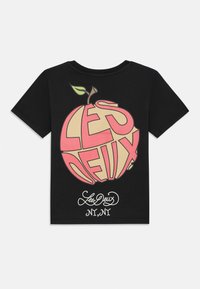 Black cotton t-shirt featuring a large graphic design of an apple with stylized text "LES DEUX" in pink and yellow, and "LesDeux NY, NY" below.