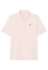 Polo shirt rosa chiaro in cotone misto, con polo a tre bottoni, maniche corte e logo di coccodrillo ricamato in verde sul petto.