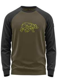 Langärmliges Shirt mit dunkelgrauen Raglanärmeln und einem olivgr�ünen Körper, auf dem die Brust ein geometrisches, gelbes Bärenmotiv zeigt.