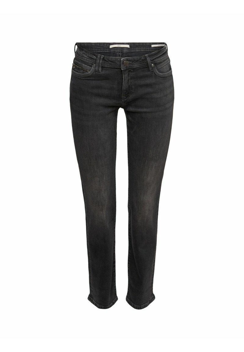 Jeans noirs slim fit en denim, dotés d'un design classique à cinq poches, d'une légère décoloration et d'une fermeture à bouton à l'avant.