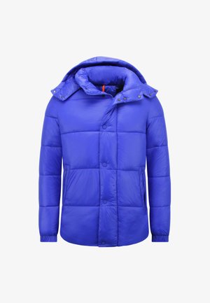 Felblauwe gewatteerde winterjas met kap, drukknopen en ritssluitingen aan de zijkanten, ontworpen voor koud weer.