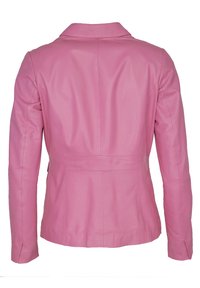 Roze leren jack met een getailleerde pasvorm, een notch-kraag, lange mouwen en stikdetails langs de rug en zijkanten.