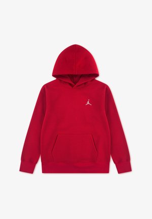 Roter Kapuzenpullover aus Baumwolle mit Kängurutasche, gerippten Bündchen und verstellbarer Kapuze. Auf der Brust befindet sich ein kleines graues Jumpman-Logo.