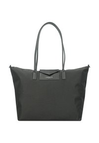Black fabric tote bag with two long handles, zip closure, and a front flap. Features a smooth texture and a small brand logo detail.