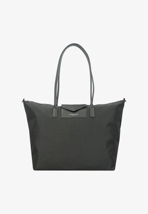 Borsa a tracolla nera in tessuto con due manici lunghi, chiusura con zip e pattina frontale. Caratterizzata da una superficie liscia e un piccolo logo del marchio.