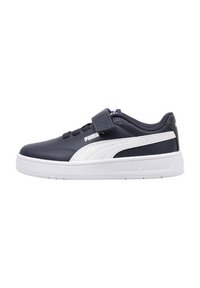 Sneakers blu navy con accenti bianchi, realizzati in materiale sintetico. Presentano una fascia in velcro e una suola in gomma a profilo basso.