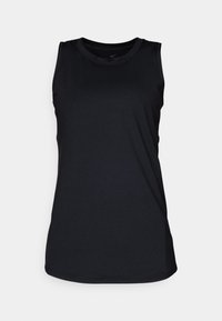 Zwarte mouwloze sporttanktop van glad, lichtgewicht stof met een ronde halslijn en een gebogen zoom. Nike-logo aan de voorkant.