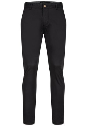 Black slim-fit pants made of cotton blend fabric, featuring a single button closure and standard pockets. Smooth texture, industrial design.
