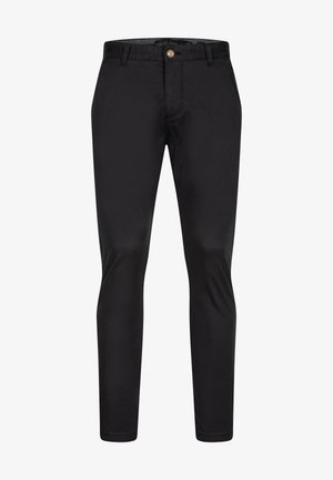 Schwarze Slim-Fit-Hosen aus Baumwollmischgewebe mit einem einzelnen Knopfverschluss und Standardtaschen. Glatte Textur, industrielles Design.