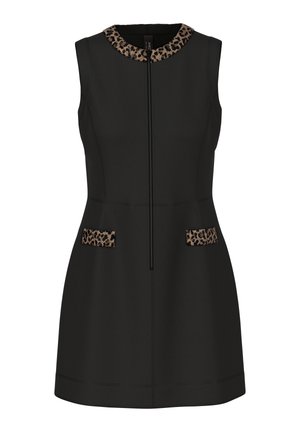 Black sleeveless dress with a leopard print collar, front zip closure, and two pockets featuring leopard print accents. Smooth texture.