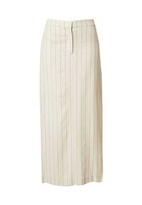 Beige knielange Rock mit vertikalen Streifen, tailliertem Design, leichter Schlitz hinten, aus einem Stoff mit glatter Textur.