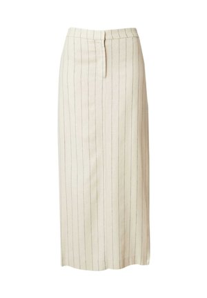 Beige knie-lange rok met verticale streepjes, op maat gemaakte stijl, lichte split aan de achterkant, gemaakt van stof met een gladde textuur.