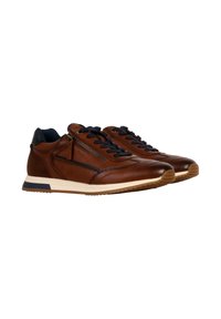 Sneakers in pelle marrone con accenti blu navy, dotati di una cerniera laterale, punta rotonda e suola intermedia bianca. Suola in gomma testurizzata per una migliore aderenza.