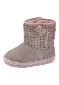 Rosa och grå tygankelboots med prickigt mönster, en glittrande fjärilsdetalj och en texturerad sula. Mjuk foder för komfort.