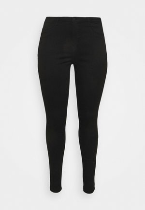 Black leggings with a slim fit, made from stretchy material. Features a mid-rise waist and standard four-pocket design. Smooth, textured finish.