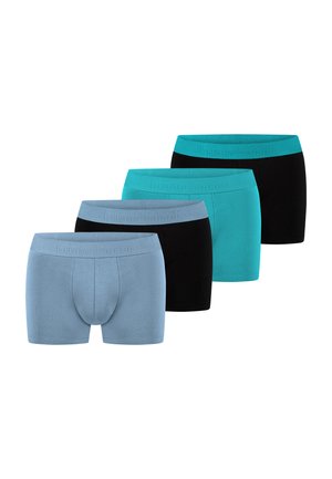 Four pairs of men's boxer briefs in alternating colors: light blue, black, turquoise, and black, arranged diagonally.