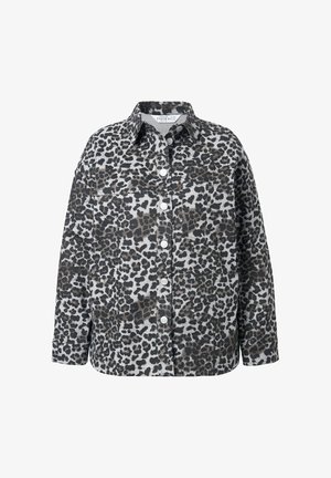Camicia a maniche lunghe con stampa leopardata in tonalità di grigio e nero, con colletto, taschino sul petto e polsini con bottoni.
