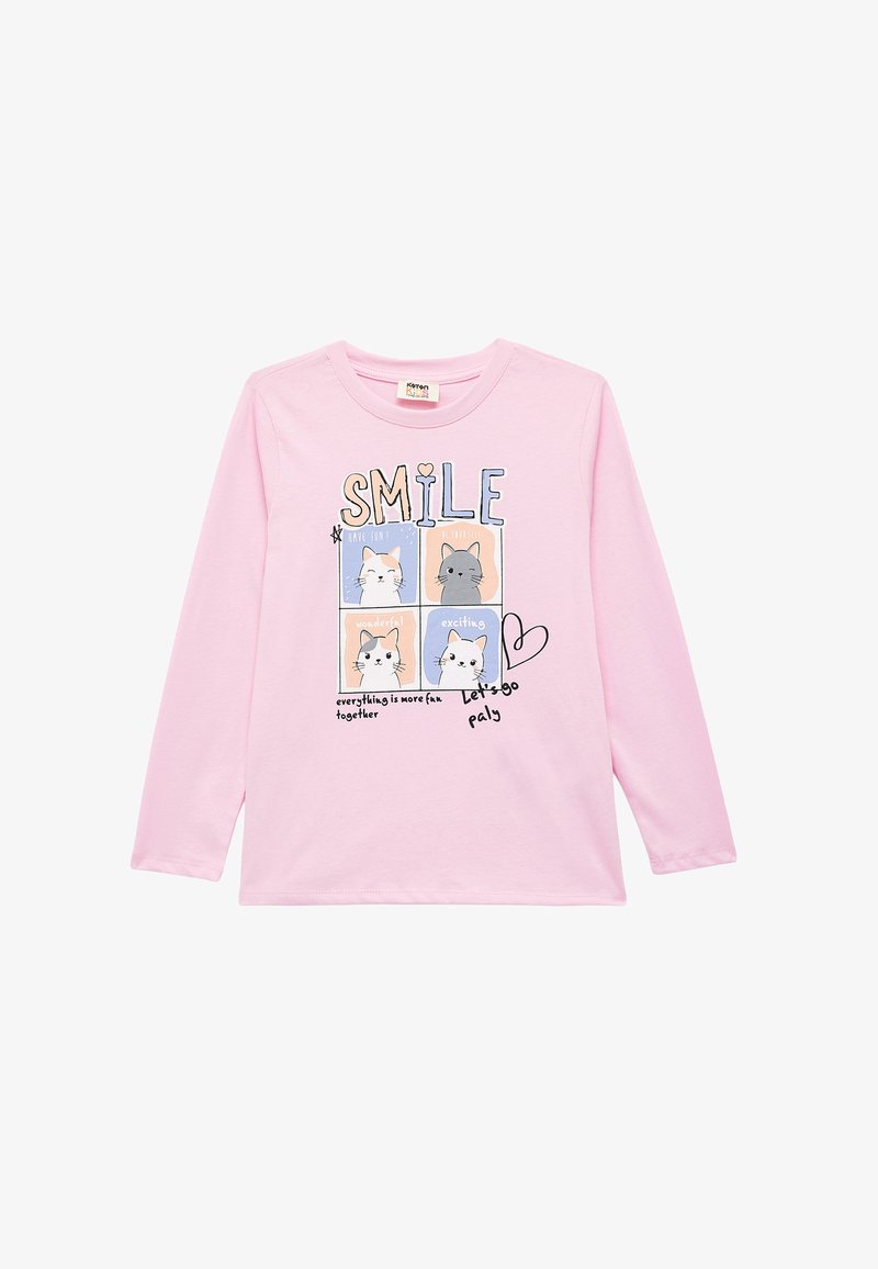 Long-sleeve pink cotton t-shirt featuring a graphic with cats in quadrants, text "SMILE," and handwritten accents.