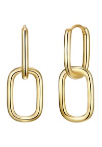 Zlaté kruhové náušnice so vzorom prepojených obdĺžnikov. Hladký povrch s lesklým finišom; ľahká konštrukcia ideálna na každodenné nosenie.