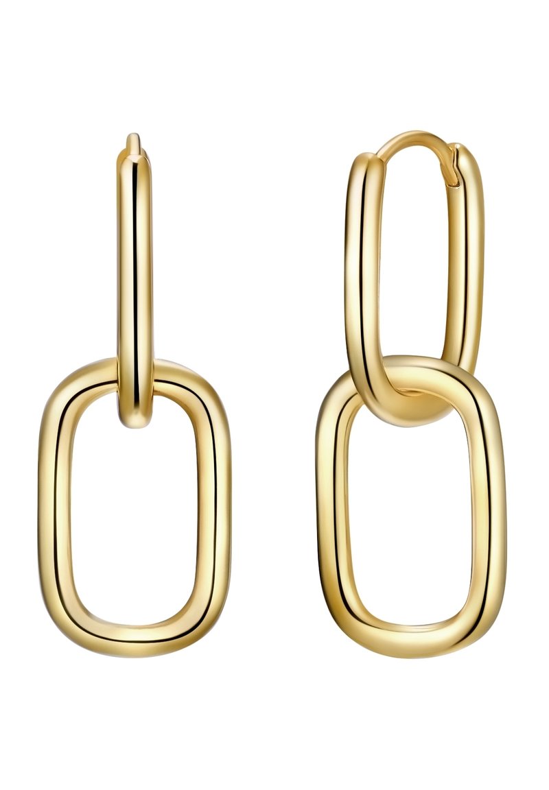 Zlaté kruhové náušnice so vzorom prepojených obdĺžnikov. Hladký povrch s lesklým finišom; ľahká konštrukcia ideálna na každodenné nosenie.