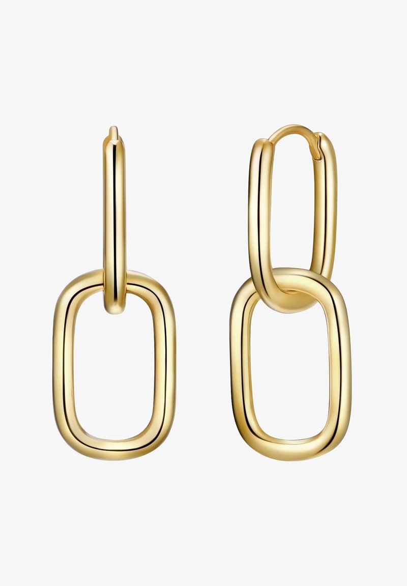 Zlaté kruhové náušnice so vzorom prepojených obdĺžnikov. Hladký povrch s lesklým finišom; ľahká konštrukcia ideálna na každodenné nosenie.