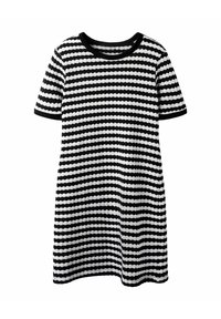 Kurzärmeliges Kleid aus strukturiertem Stoff, mit einem schwarz-weißen horizontalen Streifenmuster, runder Ausschnitt und schwarzem Saum.