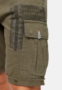 Maslinastozelene cargo kratke hlače od pamuka. Imaju veliki bočni džep, strgane rubove i otisnute detalje s tekstom. Oznaka vidljiva s boka.