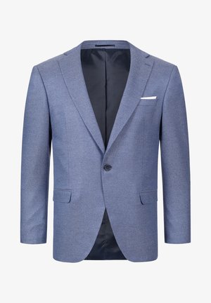 Blazer blu strutturato con rever a punta, chiusura con un bottone e due tasche frontali. L'interno ha una fodera scura uniforme.