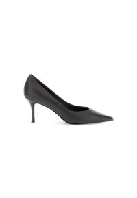 Décolleté nera in pelle con tacco alto, punta affilata, design elegante e tacco a stiletto moderato, caratterizzata da una consistenza liscia e senza parti metalliche visibili.