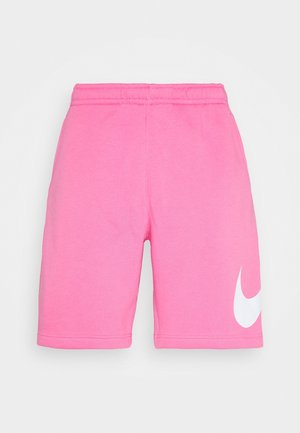 Shorts en coton roses avec une taille élastique, ornés d'un logo Nike blanc sur le bas à gauche. Texture lisse, design longueur genou.