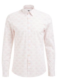 Camisa blanca de manga larga con un sutil patrón floral en tono rosa, cuello abotonado y botones perlados. Fabricada con un material suave y ligero.