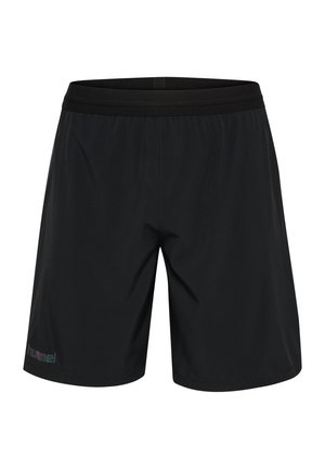 Sorte atletikshorts med elastisk talje og lille "hummel" logo på venstre ben nederst.
