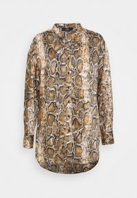 Långärmad skjorta i ormskinnsmönster med nyanser av brunt, svart och vitt; har krage och knäppning framtill.